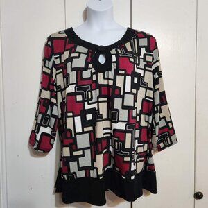 Cato Woman Plus Size 26/28W Red Abstract Geometric Keyhole Neck Boho Knit Top
